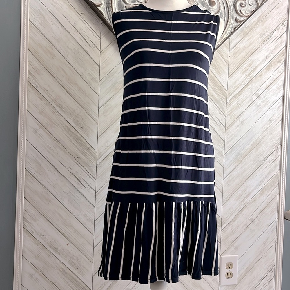 Daisy Island, navy/white stripe, sleeveless, round neck dress, size large